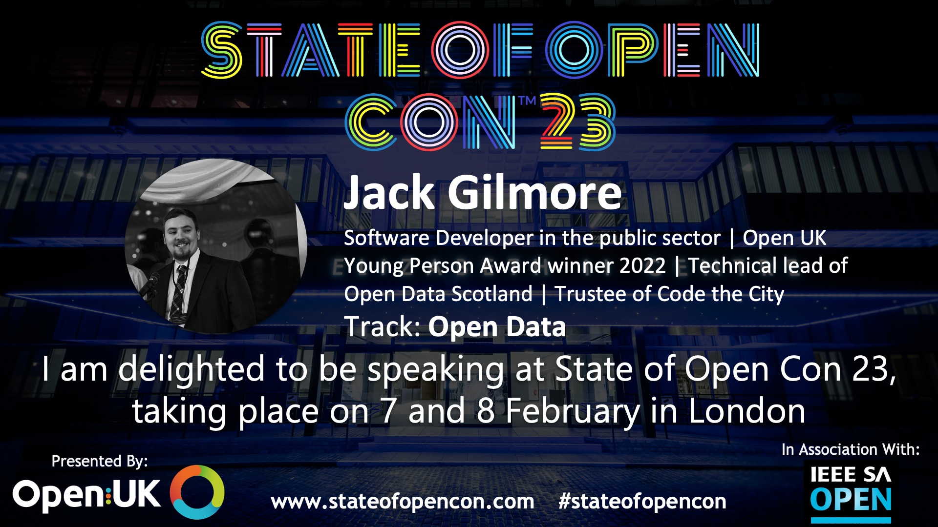A speaker card for Jack Gilmore speaking at State of Open Con 2023